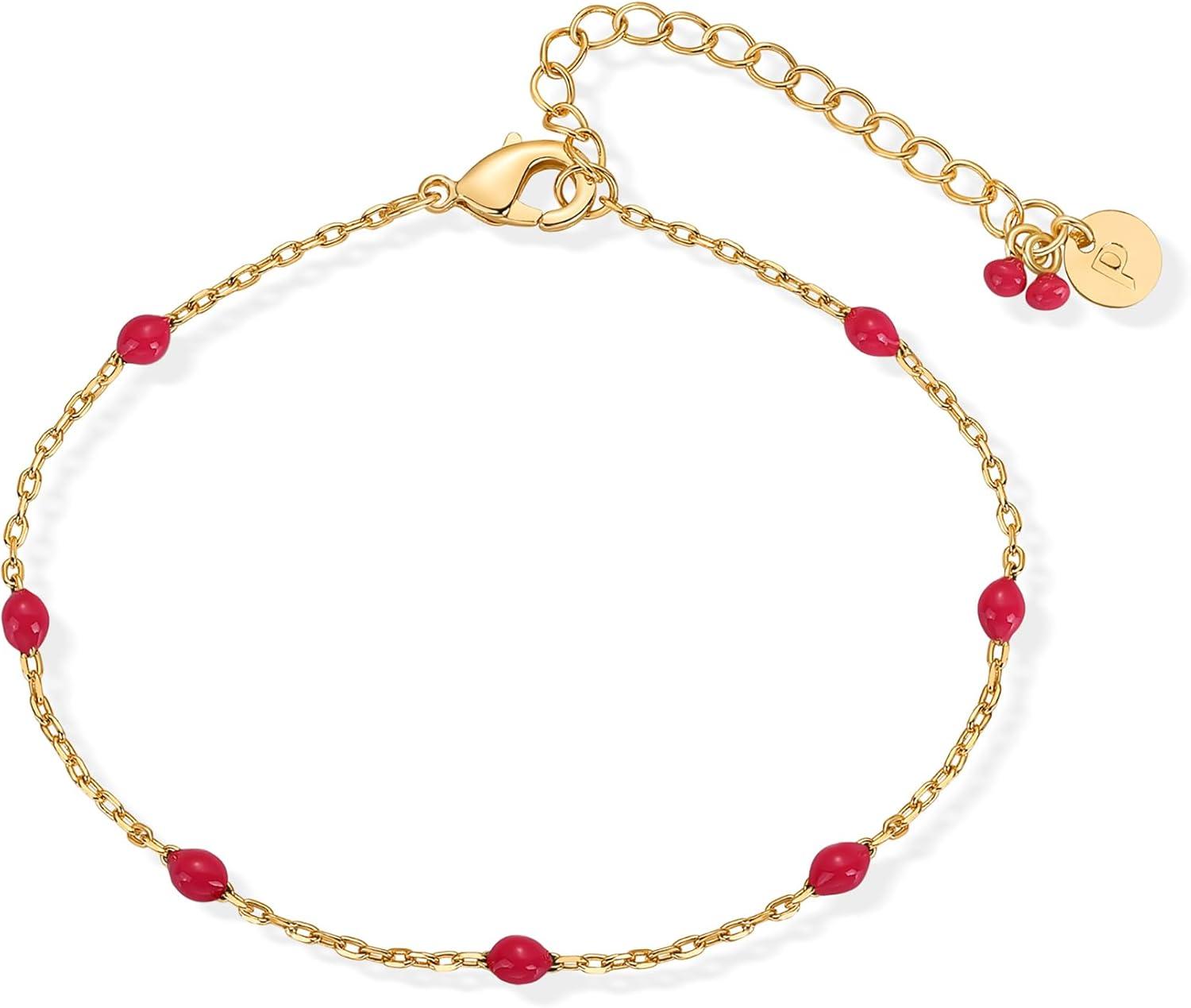 imagePAVOI 14K Yellow Gold Plated Beaded Enamel and Gemstones Bracelets for Women  Colored Boho Festival Adjustable Slider Bracelet  Freshwater Pearls Rose Jade Amazonite Sodalite Labradorite BeadsPink Enamel