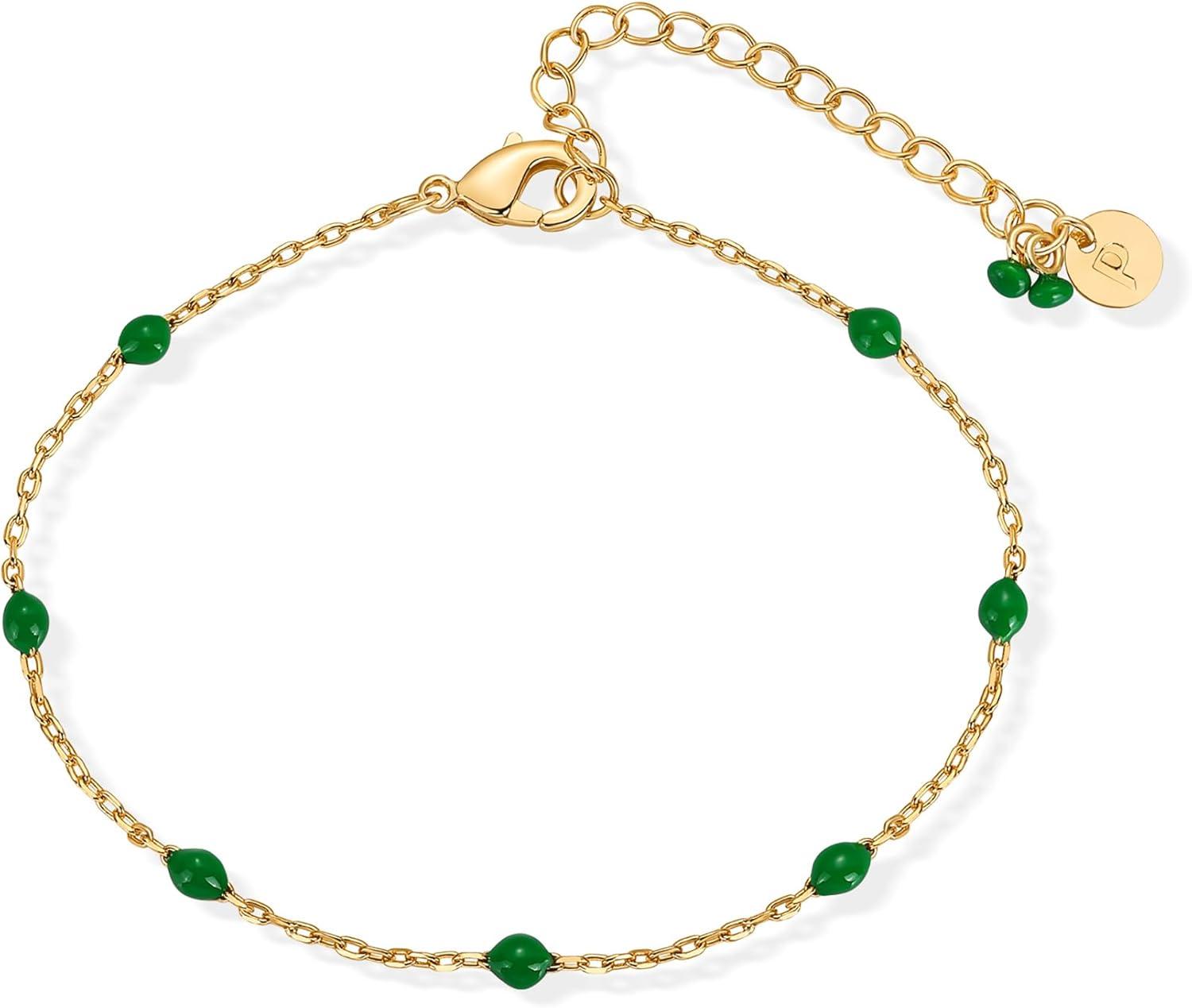 imagePAVOI 14K Yellow Gold Plated Beaded Enamel and Gemstones Bracelets for Women  Colored Boho Festival Adjustable Slider Bracelet  Freshwater Pearls Rose Jade Amazonite Sodalite Labradorite BeadsGreen Enamel