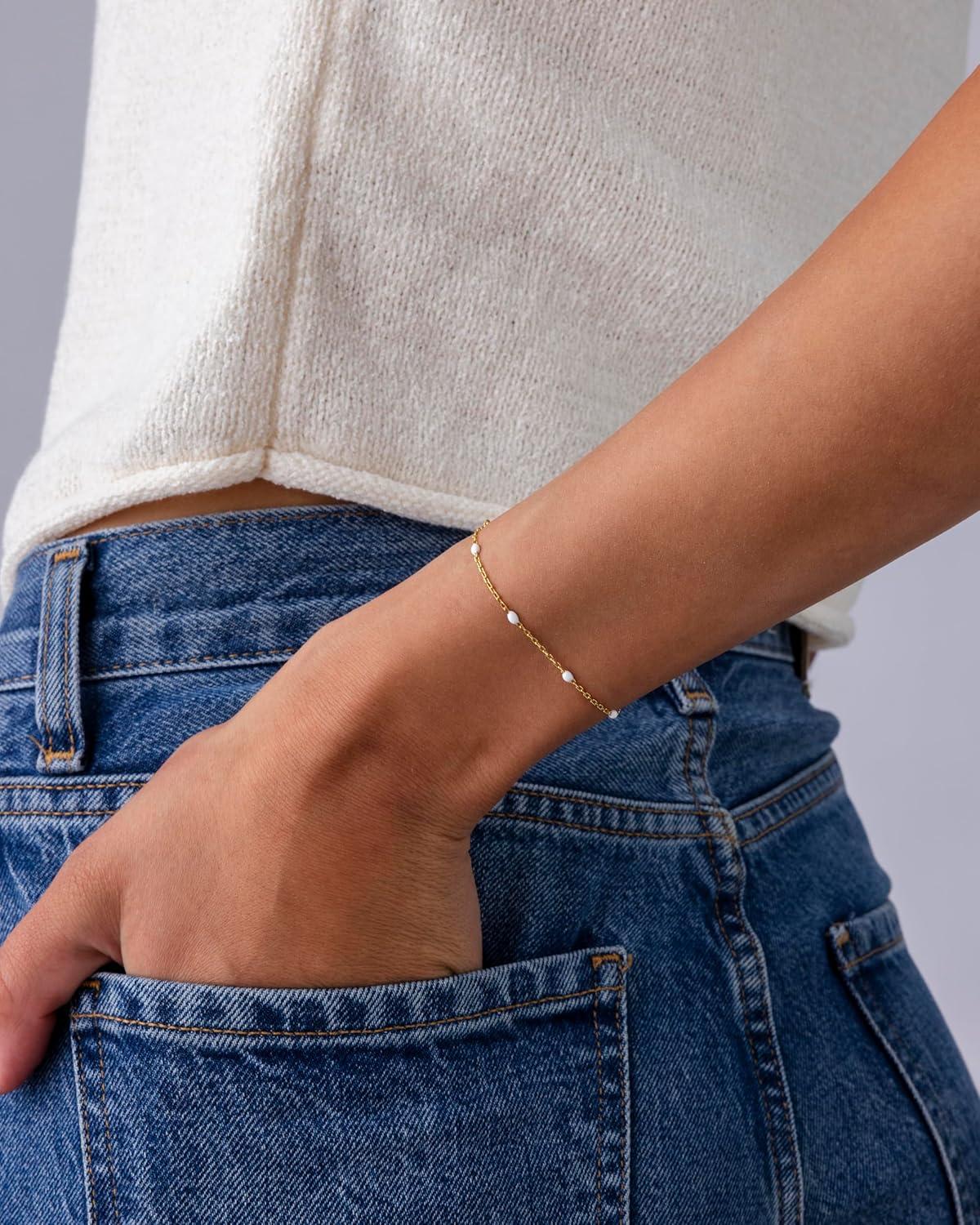 imagePAVOI 14K Yellow Gold Plated Beaded Enamel and Gemstones Bracelets for Women  Colored Boho Festival Adjustable Slider Bracelet  Freshwater Pearls Rose Jade Amazonite Sodalite Labradorite BeadsWhite Enamel