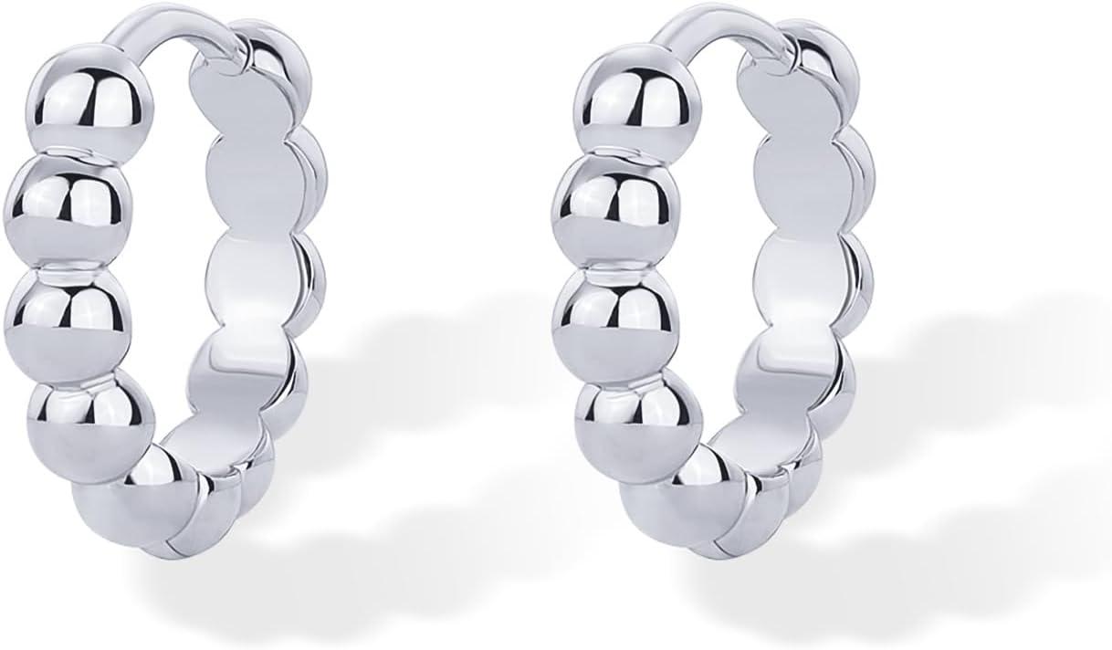 imagePAVOI 18K Gold Plated Sterling Silver Posts Beaded Huggie Hoop Earrings for Women  Lightweight Gold Hoop EarringsWhite Gold