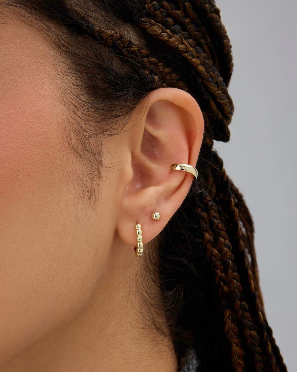 imagePAVOI 18K Gold Plated Sterling Silver Posts Beaded Huggie Hoop Earrings for Women  Lightweight Gold Hoop EarringsWhite Gold