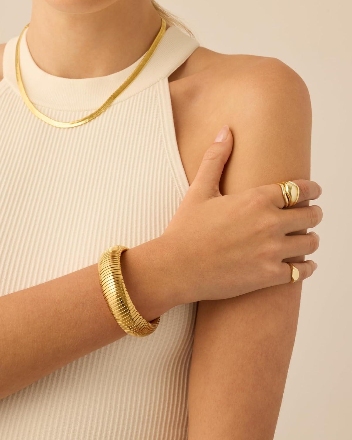 imagePAVOI Stainless Steel 14K Gold Plated Waterproof Flexible Stretch Chunky Bangle for Women  Cobra BraceletWhite Gold