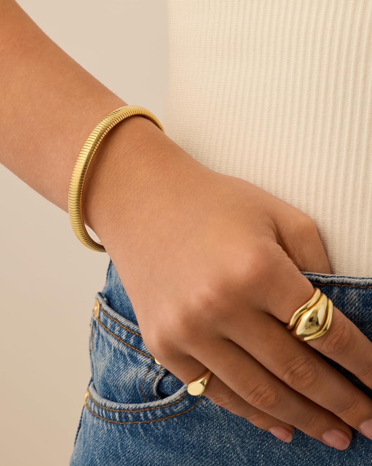 imagePAVOI Stainless Steel 14K Gold Plated Waterproof Flexible Stretch Chunky Bangle for Women  Cobra BraceletWhite Gold