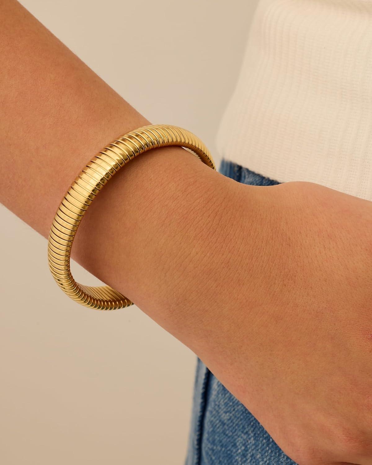 imagePAVOI Stainless Steel 14K Gold Plated Waterproof Flexible Stretch Chunky Bangle for Women  Cobra BraceletWhite Gold