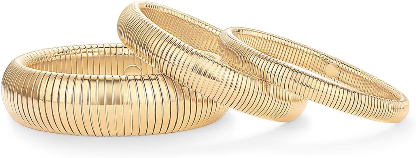 imagePAVOI Stainless Steel 14K Gold Plated Waterproof Flexible Stretch Chunky Bangle for Women  Cobra BraceletYellow Gold