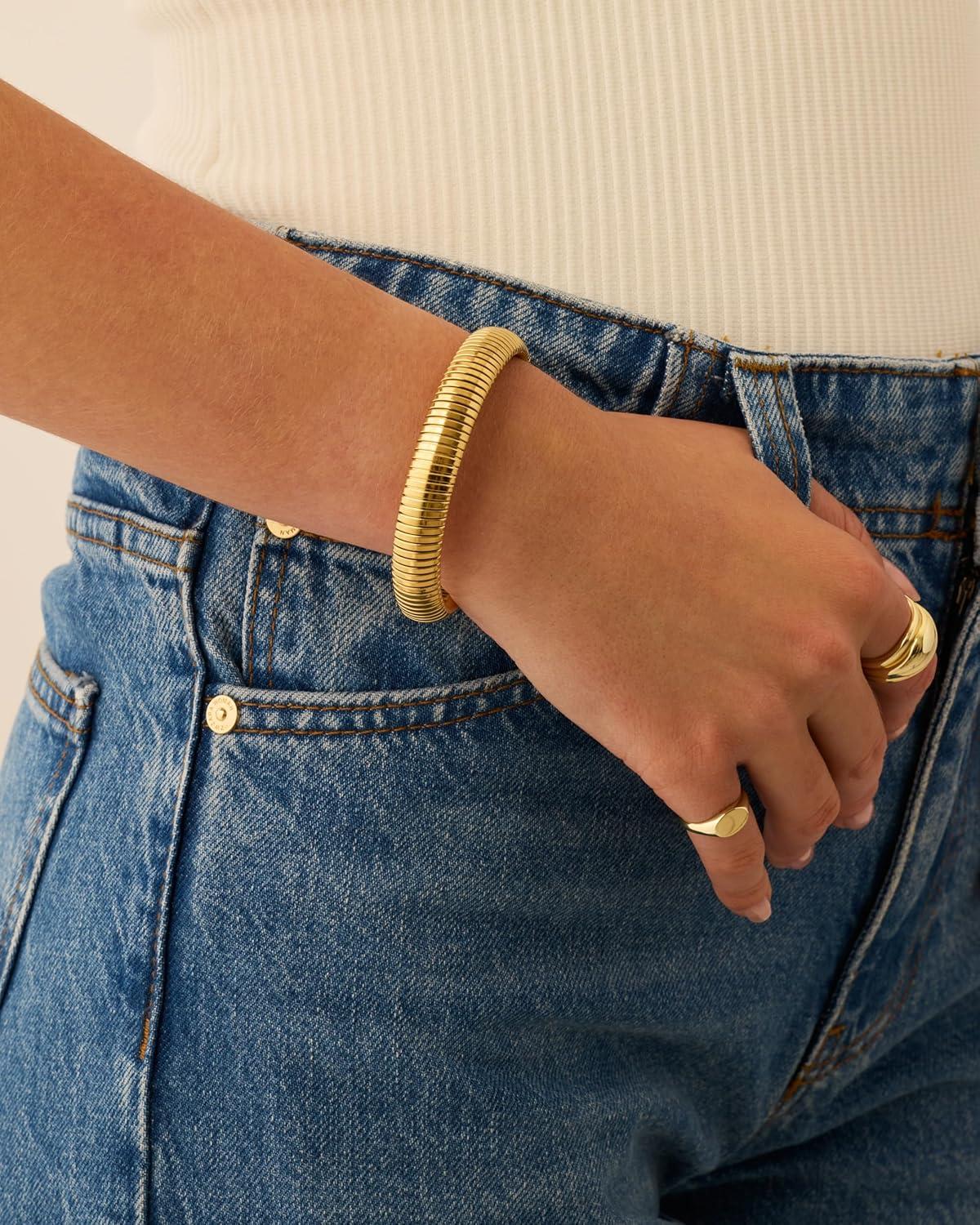 imagePAVOI Stainless Steel 14K Gold Plated Waterproof Flexible Stretch Chunky Bangle for Women  Cobra BraceletYellow Gold