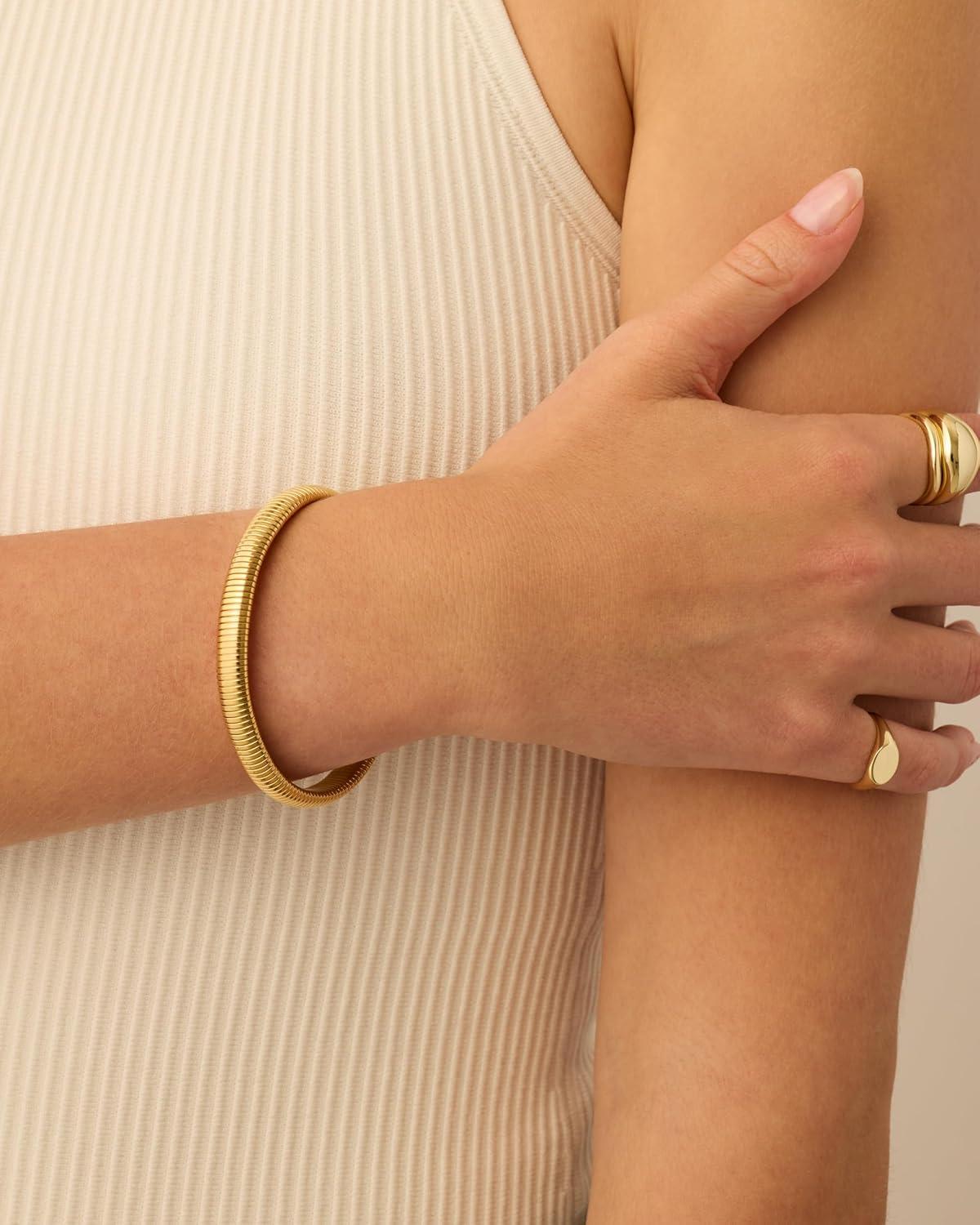 imagePAVOI Stainless Steel 14K Gold Plated Waterproof Flexible Stretch Chunky Bangle for Women  Cobra BraceletYellow Gold
