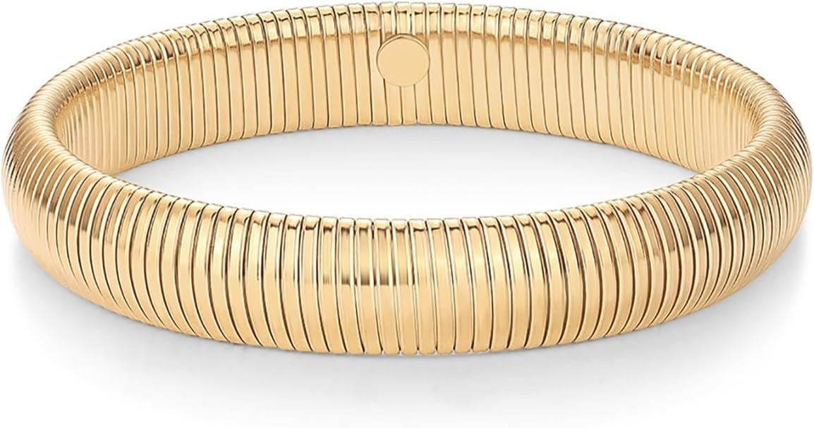 imagePAVOI Stainless Steel 14K Gold Plated Waterproof Flexible Stretch Chunky Bangle for Women  Cobra BraceletYellow Gold