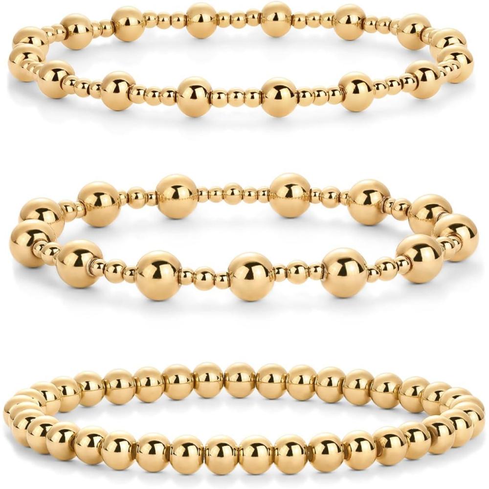 imagePAVOI 14K Gold Plated Beaded Bracelet Pack for Women  Stainless Steel 3Piece Stretchy Bracelet Set  Waterproof Ball TrioYellow Gold