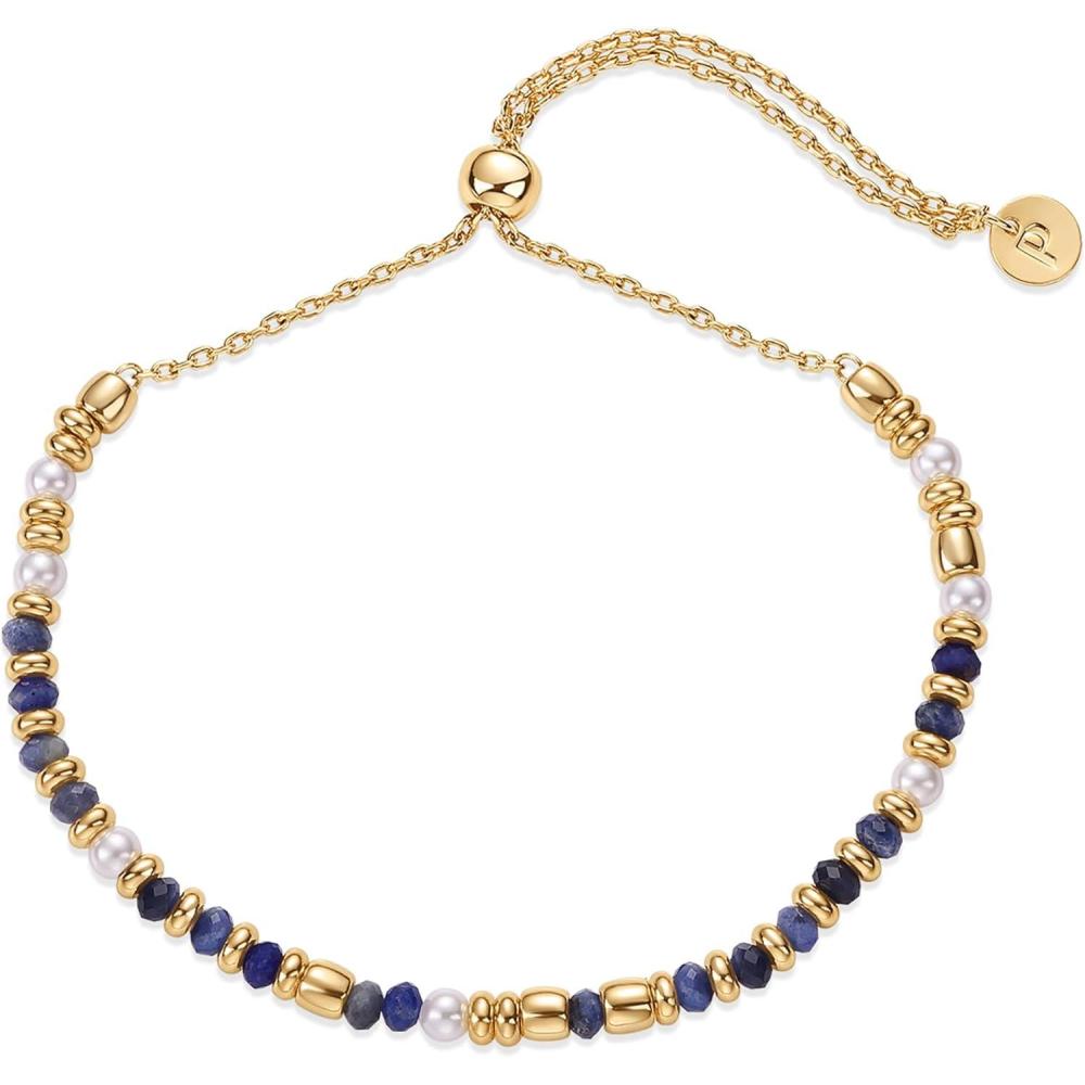 imagePAVOI 14K Yellow Gold Plated Beaded Enamel and Gemstones Bracelets for Women  Colored Boho Festival Adjustable Slider Bracelet  Freshwater Pearls Rose Jade Amazonite Sodalite Labradorite BeadsSodalite Gemstone