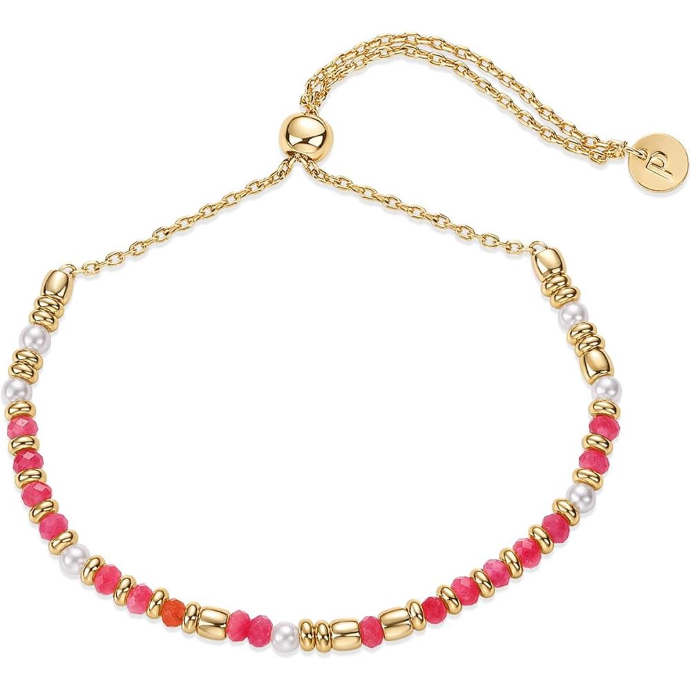 imagePAVOI 14K Yellow Gold Plated Beaded Enamel and Gemstones Bracelets for Women  Colored Boho Festival Adjustable Slider Bracelet  Freshwater Pearls Rose Jade Amazonite Sodalite Labradorite BeadsDyed Rose Jade Gemstone