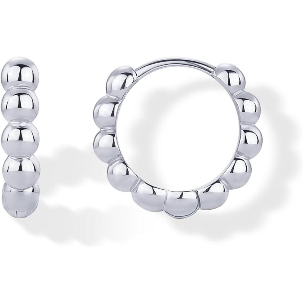 imagePAVOI 18K Gold Plated Sterling Silver Posts Beaded Huggie Hoop Earrings for Women  Lightweight Gold Hoop EarringsWhite Gold