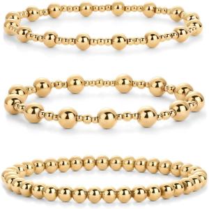 imagePAVOI 14K Gold Plated Beaded Bracelet Pack for Women  Stainless Steel 3Piece Stretchy Bracelet Set  Waterproof Ball TrioYellow Gold