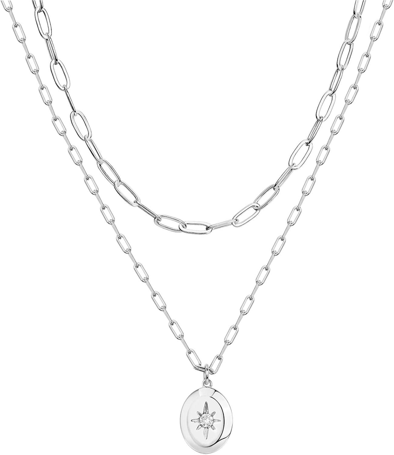 imagePAVOI 14K Gold Plated Layering Necklaces  Stylish Minimalist Design Pendant Necklaces  Bar Circle Lotus Disc Dog Tag Horizontal Bar Pendants for WomenWhite Gold