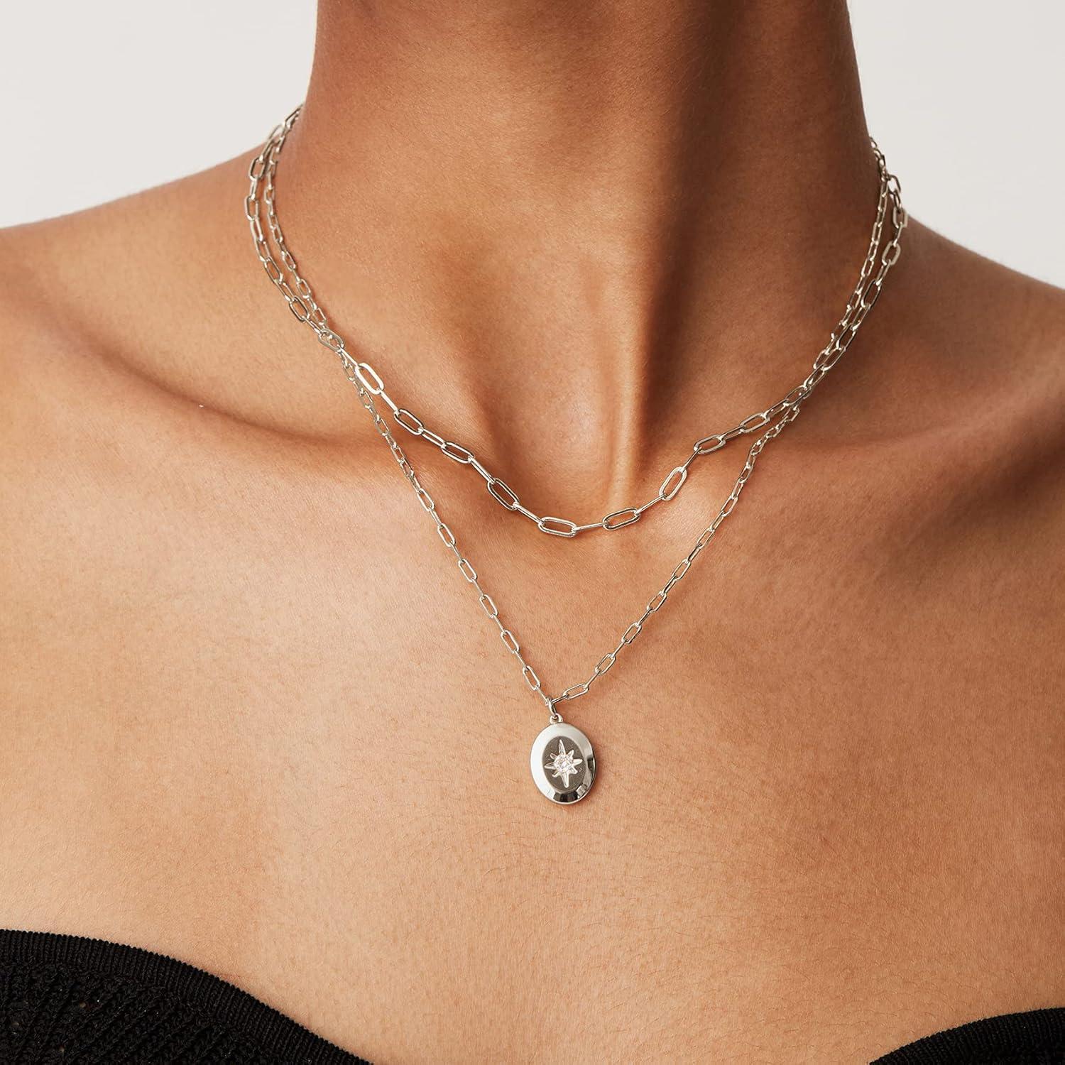 imagePAVOI 14K Gold Plated Layering Necklaces  Stylish Minimalist Design Pendant Necklaces  Bar Circle Lotus Disc Dog Tag Horizontal Bar Pendants for WomenWhite Gold