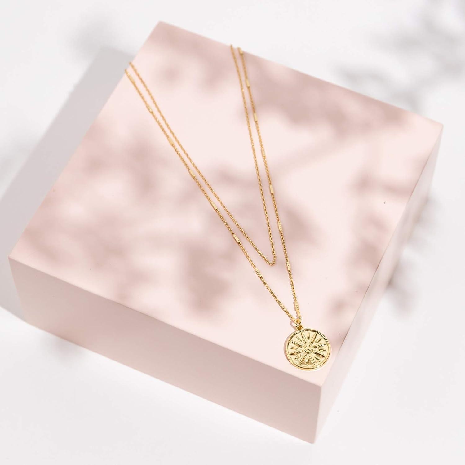 imagePAVOI 14K Gold Plated Layering Necklaces  Stylish Minimalist Design Pendant Necklaces  Bar Circle Lotus Disc Dog Tag Horizontal Bar Pendants for WomenYellow Gold