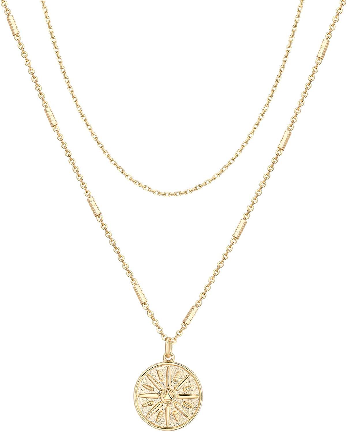 imagePAVOI 14K Gold Plated Layering Necklaces  Stylish Minimalist Design Pendant Necklaces  Bar Circle Lotus Disc Dog Tag Horizontal Bar Pendants for WomenYellow Gold
