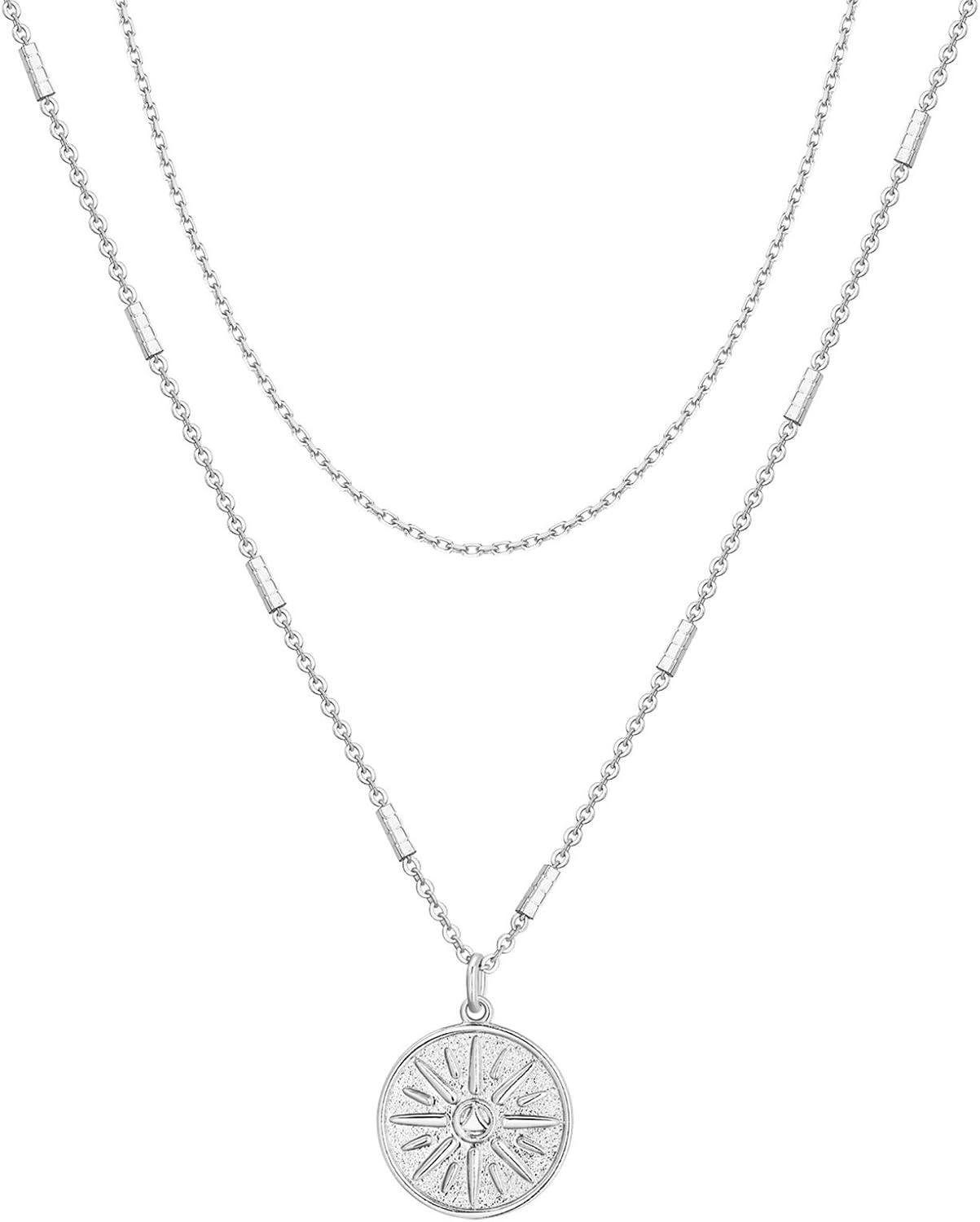 imagePAVOI 14K Gold Plated Layering Necklaces  Stylish Minimalist Design Pendant Necklaces  Bar Circle Lotus Disc Dog Tag Horizontal Bar Pendants for WomenWhite Gold