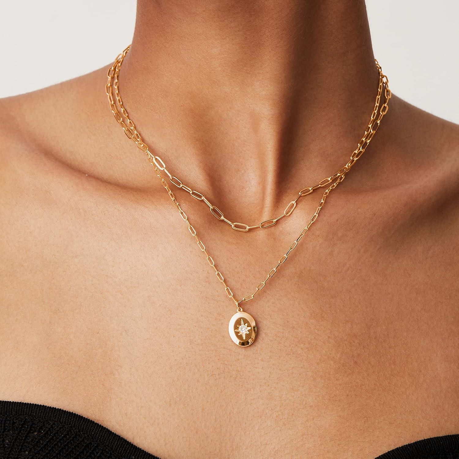 imagePAVOI 14K Gold Plated Layering Necklaces  Stylish Minimalist Design Pendant Necklaces  Bar Circle Lotus Disc Dog Tag Horizontal Bar Pendants for WomenYellow Gold