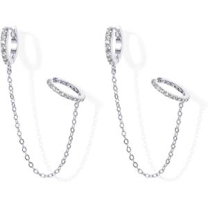 imagePAVOI 14K Gold Chain Earrings for Women  Double Piercing Dangle Chain Huggie Hoop Earrings  Cubic Zirconia Pearl Stud Ear Cuff Earrings for WomenWhite Gold