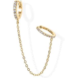 imagePAVOI 14K Gold Chain Earrings for Women  Double Piercing Dangle Chain Huggie Hoop Earrings  Cubic Zirconia Pearl Stud Ear Cuff Earrings for WomenYellow Gold
