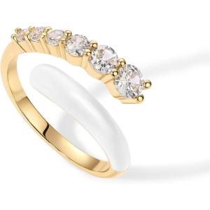 imagePAVOI 14K Gold Plated Stackable Rings for Women  Open Twist Wavy Colored Enamel and Cubic Zirconia Rings  Blue White Purple Enamel Eternity BandsYellow Gold  White Enamel