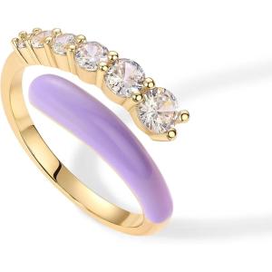imagePAVOI 14K Gold Plated Stackable Rings for Women  Open Twist Wavy Colored Enamel and Cubic Zirconia Rings  Blue White Purple Enamel Eternity BandsYellow Gold  Purple Enamel