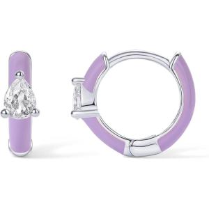 imagePAVOI 14K Gold Plated Sterling Silver Post Earrings for Women  Colored Enamel Cubic Zirconia Huggie Hoop Earrings  Blue Pink Purple White JewelryWhite Gold  Purple Enamel