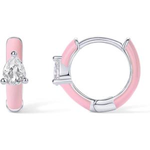imagePAVOI 14K Gold Plated Sterling Silver Post Earrings for Women  Colored Enamel Cubic Zirconia Huggie Hoop Earrings  Blue Pink Purple White JewelryWhite Gold  Pink Enamel