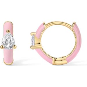 imagePAVOI 14K Gold Plated Sterling Silver Post Earrings for Women  Colored Enamel Cubic Zirconia Huggie Hoop Earrings  Blue Pink Purple White JewelryYellow Gold  Pink Enamel