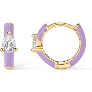imagePAVOI 14K Gold Plated Sterling Silver Post Earrings for Women  Colored Enamel Cubic Zirconia Huggie Hoop Earrings  Blue Pink Purple White JewelryYellow Gold  Purple Enamel
