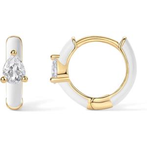 imagePAVOI 14K Gold Plated Sterling Silver Post Earrings for Women  Colored Enamel Cubic Zirconia Huggie Hoop Earrings  Blue Pink Purple White JewelryYellow Gold  White Enamel