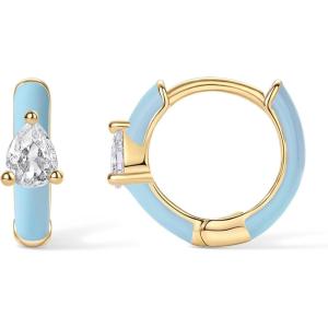 imagePAVOI 14K Gold Plated Sterling Silver Post Earrings for Women  Colored Enamel Cubic Zirconia Huggie Hoop Earrings  Blue Pink Purple White JewelryYellow Gold  Blue Enamel