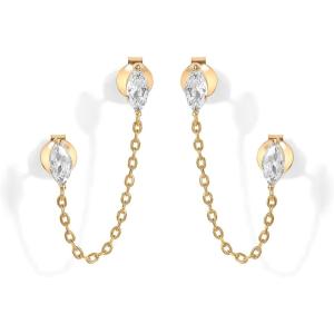 imagePAVOI 14K Gold Plated Delicate CZ Chain Earrings for Women  Double Piercing Dangle Chain Studs  Cubic Zirconia EarscapesYellow Gold