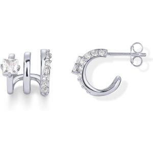 imagePAVOI 14K Gold Plated Sterling Silver Posts Cubic Zirconia Segment Triple Hoop Earrings for Women  Statement Triple Hoop Stud EarringsWhite Gold