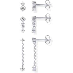 imagePAVOI 14K Gold Plated Sterling Silver Posts Dainty Stud and Dangle Chain Earring Pack for Women  Set of 3 Cubic Zirconia EarringsWhite Gold