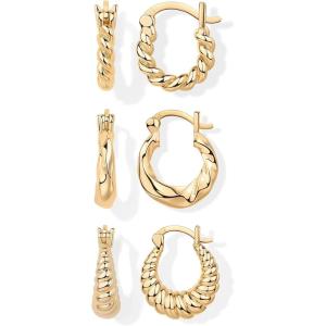 imagePAVOI 14K18K Yellow Gold Plated Sterling Silver Posts Three Pairs Small Hoop Earrings for Women  Statement Gold Hoop Earrings Set  Cubic Zirconia Rope Teardrop Chunky Huggie Earscape PiercingsYellow Gold