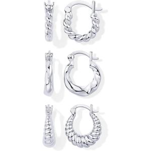 imagePAVOI 14K18K Yellow Gold Plated Sterling Silver Posts Three Pairs Small Hoop Earrings for Women  Statement Gold Hoop Earrings Set  Cubic Zirconia Rope Teardrop Chunky Huggie Earscape PiercingsWhite Gold