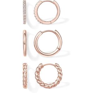 imagePAVOI 14K18K Yellow Gold Plated Sterling Silver Posts Three Pairs Small Hoop Earrings for Women  Statement Gold Hoop Earrings Set  Cubic Zirconia Rope Teardrop Chunky Huggie Earscape PiercingsRose Gold