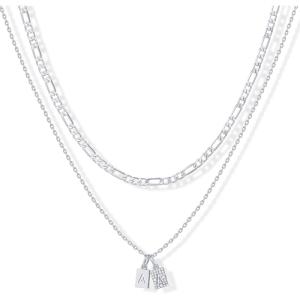 imagePAVOI 14K Gold Plated Initial Letter Double Dog Tag Pendant Necklace  Dainty Cubic Zirconia Letter Tag Round Box Chain Necklaces for Women A