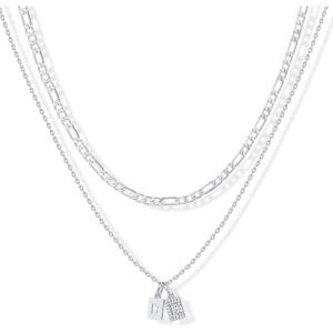 imagePAVOI 14K Gold Plated Initial Letter Double Dog Tag Pendant Necklace  Dainty Cubic Zirconia Letter Tag Round Box Chain Necklaces for Women B