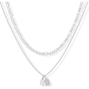 imagePAVOI 14K Gold Plated Initial Letter Double Dog Tag Pendant Necklace  Dainty Cubic Zirconia Letter Tag Round Box Chain Necklaces for Women C