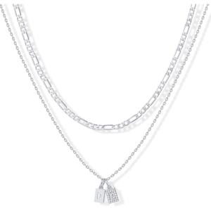 imagePAVOI 14K Gold Plated Initial Letter Double Dog Tag Pendant Necklace  Dainty Cubic Zirconia Letter Tag Round Box Chain Necklaces for Women D