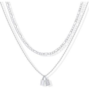 imagePAVOI 14K Gold Plated Initial Letter Double Dog Tag Pendant Necklace  Dainty Cubic Zirconia Letter Tag Round Box Chain Necklaces for Women E