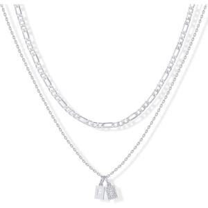 imagePAVOI 14K Gold Plated Initial Letter Double Dog Tag Pendant Necklace  Dainty Cubic Zirconia Letter Tag Round Box Chain Necklaces for Women F