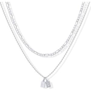 imagePAVOI 14K Gold Plated Initial Letter Double Dog Tag Pendant Necklace  Dainty Cubic Zirconia Letter Tag Round Box Chain Necklaces for Women G
