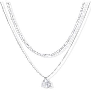 imagePAVOI 14K Gold Plated Initial Letter Double Dog Tag Pendant Necklace  Dainty Cubic Zirconia Letter Tag Round Box Chain Necklaces for Women H