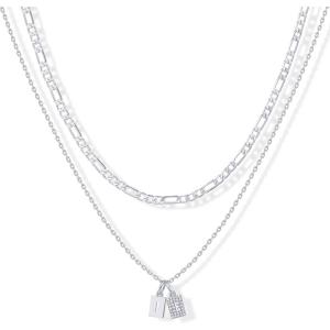 imagePAVOI 14K Gold Plated Initial Letter Double Dog Tag Pendant Necklace  Dainty Cubic Zirconia Letter Tag Round Box Chain Necklaces for Women I