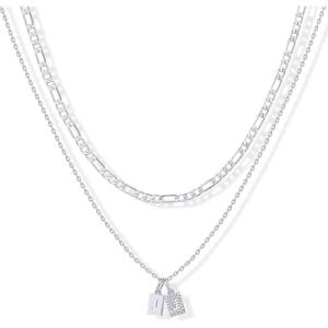 imagePAVOI 14K Gold Plated Initial Letter Double Dog Tag Pendant Necklace  Dainty Cubic Zirconia Letter Tag Round Box Chain Necklaces for Women J