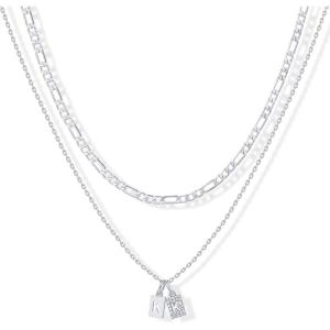 imagePAVOI 14K Gold Plated Initial Letter Double Dog Tag Pendant Necklace  Dainty Cubic Zirconia Letter Tag Round Box Chain Necklaces for Women K